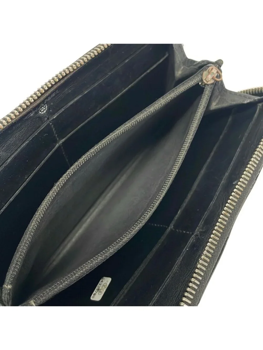 Chanel Wallet Quilted Black Silver Zip Around Leather